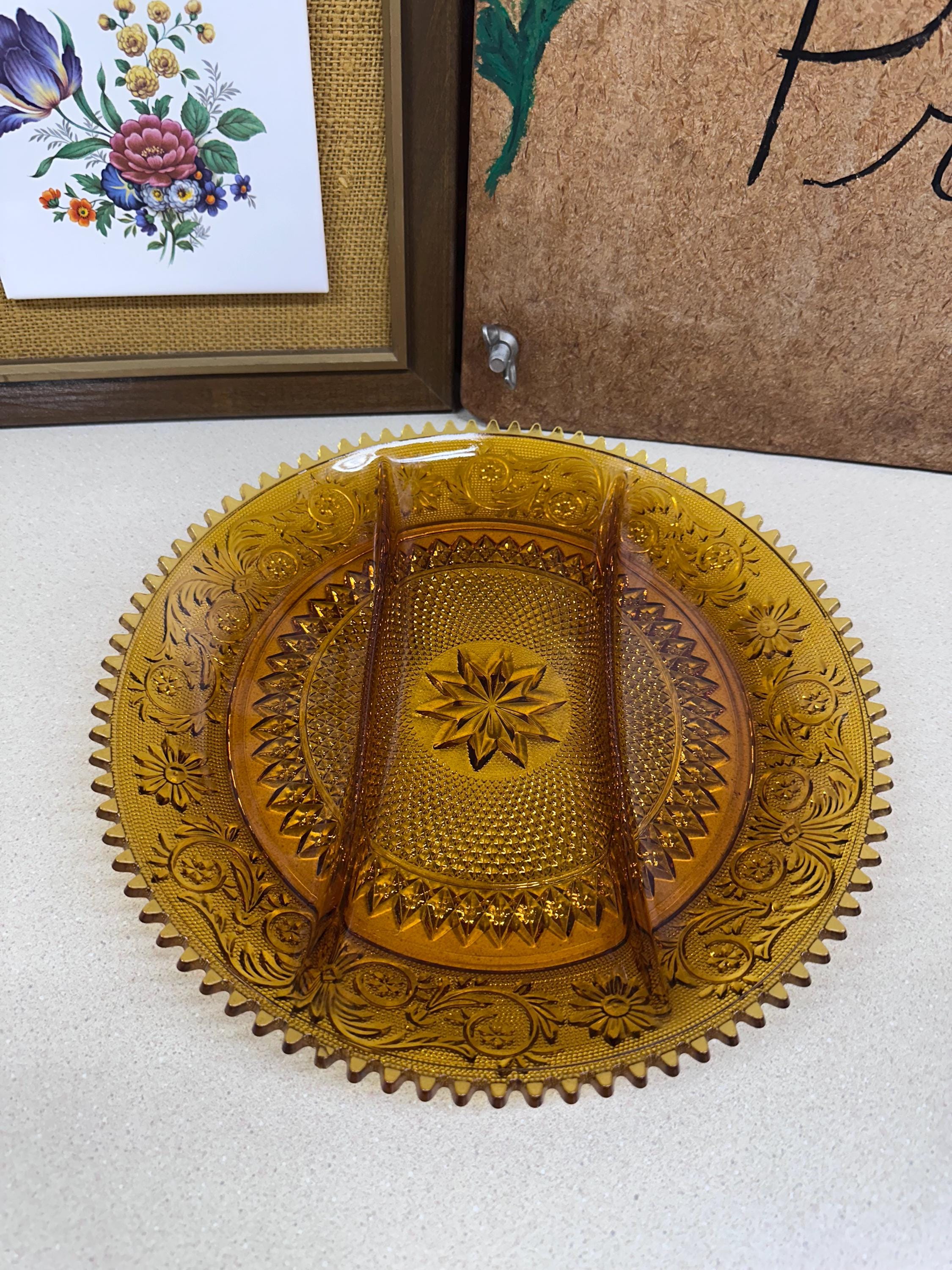 Vintage Platter Divided Dish Serving Amber Indiana Glass Co USA Tiera CottageCore Farmhouse Decor