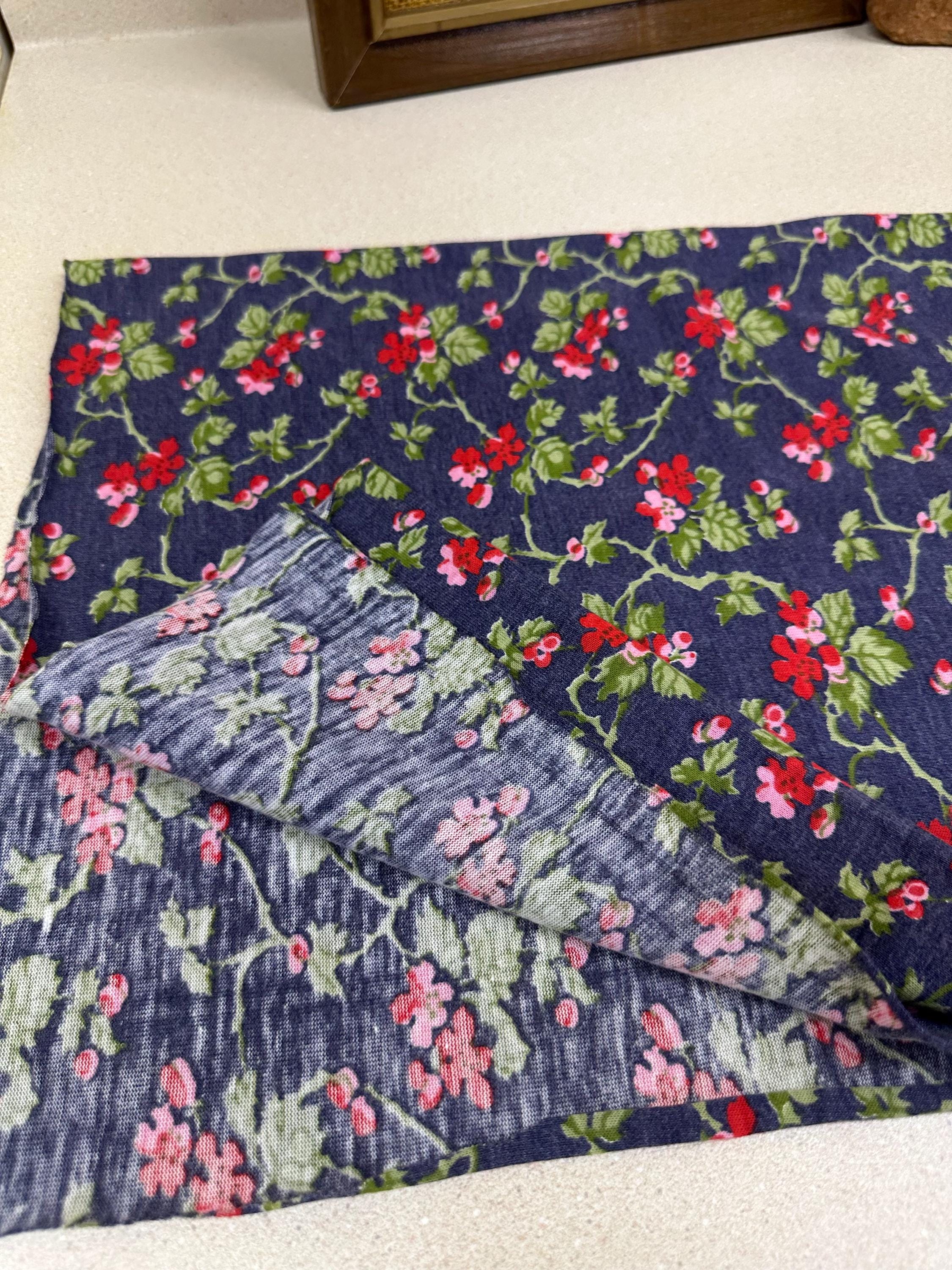 Vintage Fabric Material Vintage Textiles Blue Pink Red Green Retro Floral Design Stretchy