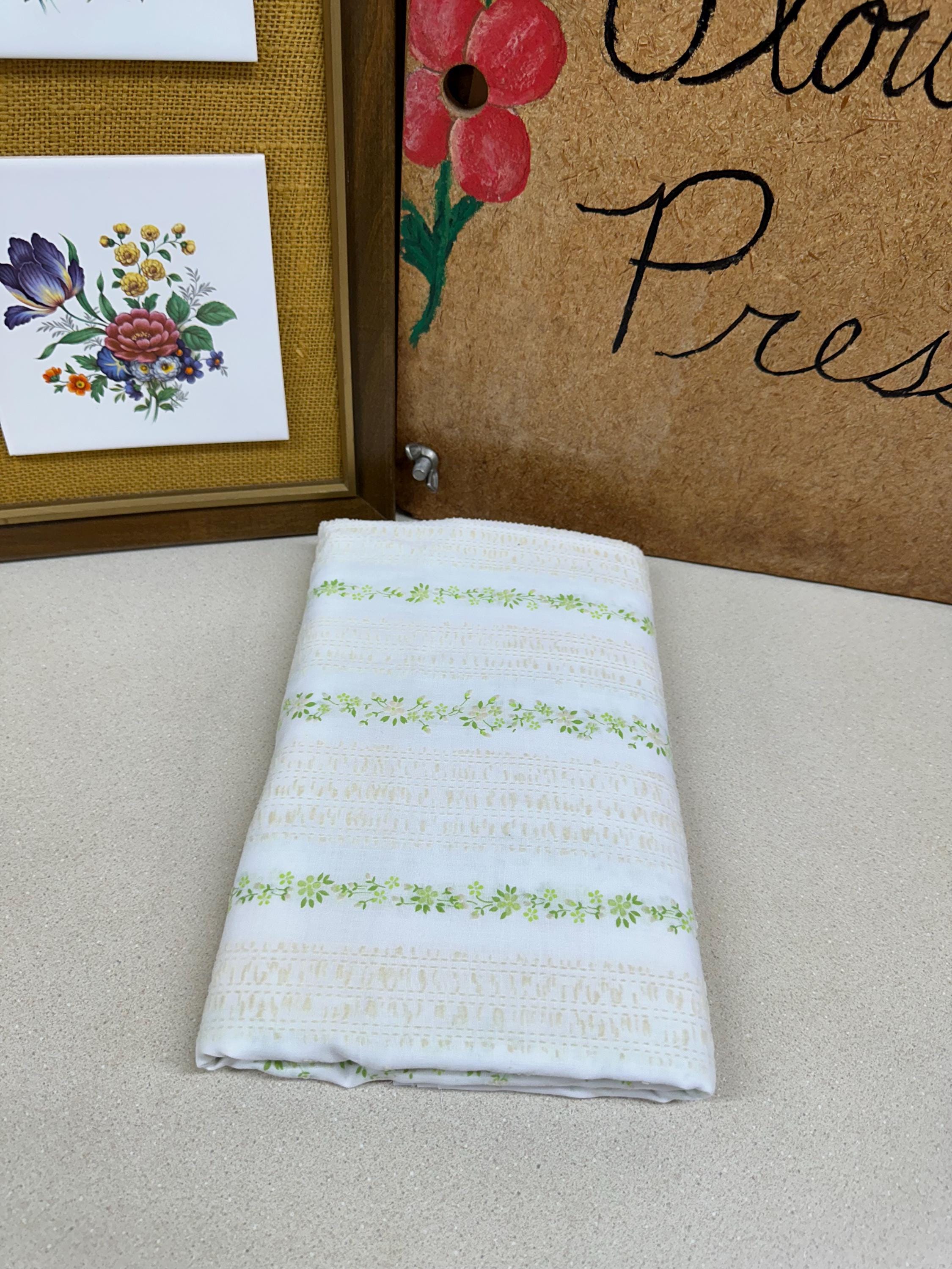 Vintage Floral Fabric: White & Green Textured Textile (86x44 inches