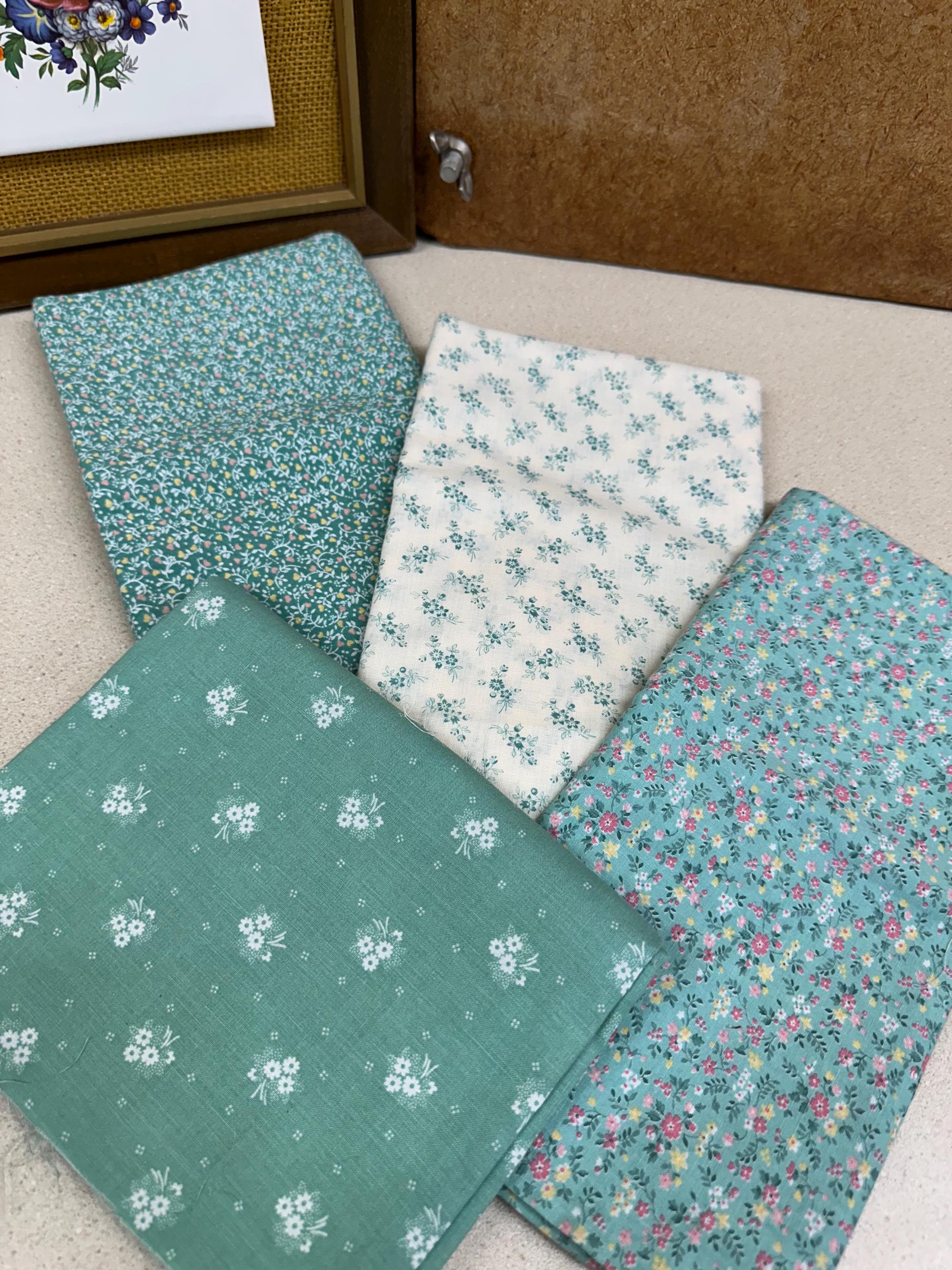 Vintage Floral Fabric Bundle: Retro Aqua Green Blue Cotton Blend Textiles- Lot of 4