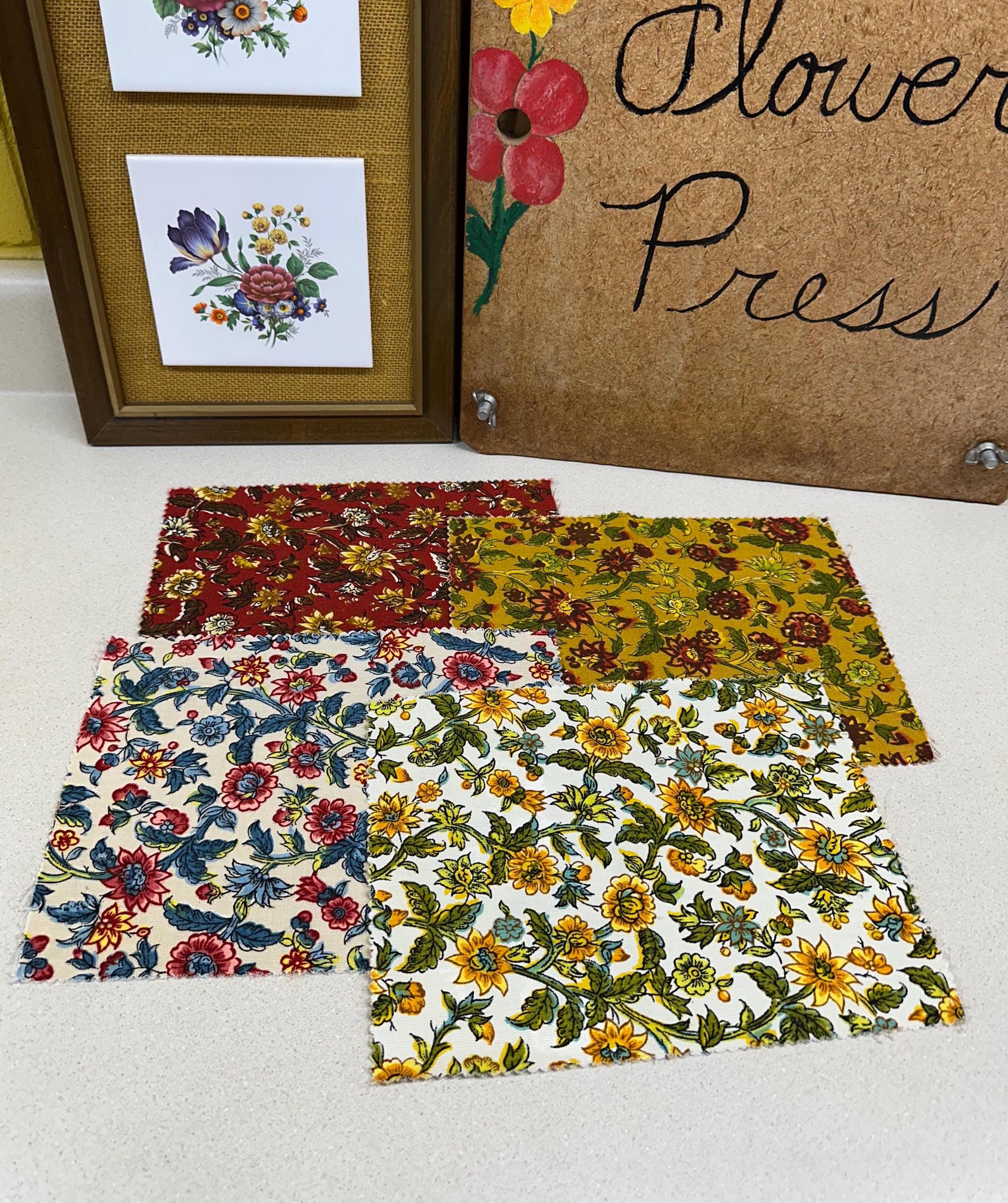 Vintage Floral Fabric Samples: Retro Textile Pieces, Set of 4