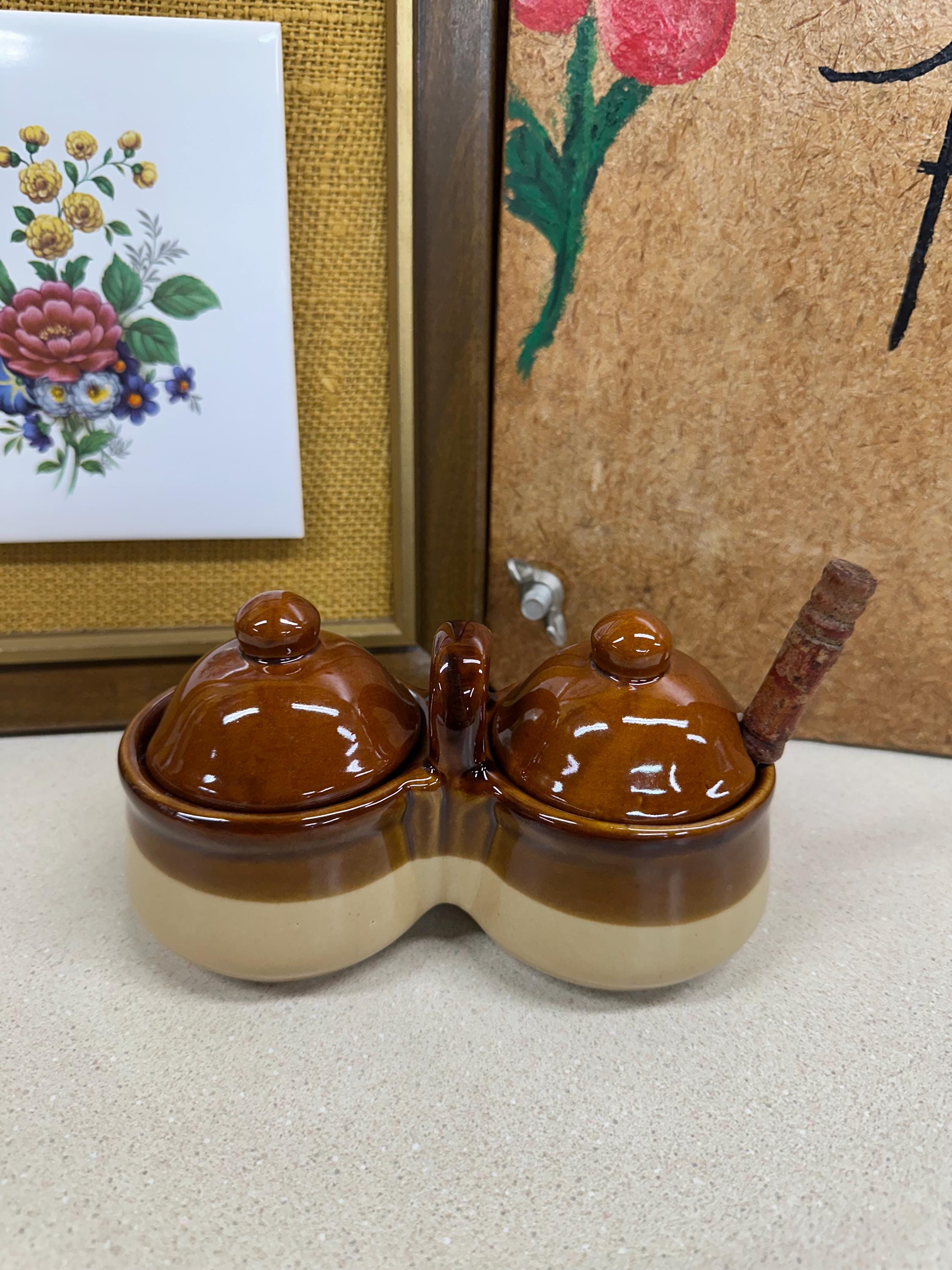 Vintage Sugar Bowls: Serving Dish Wood Spoon, Trinket Holder