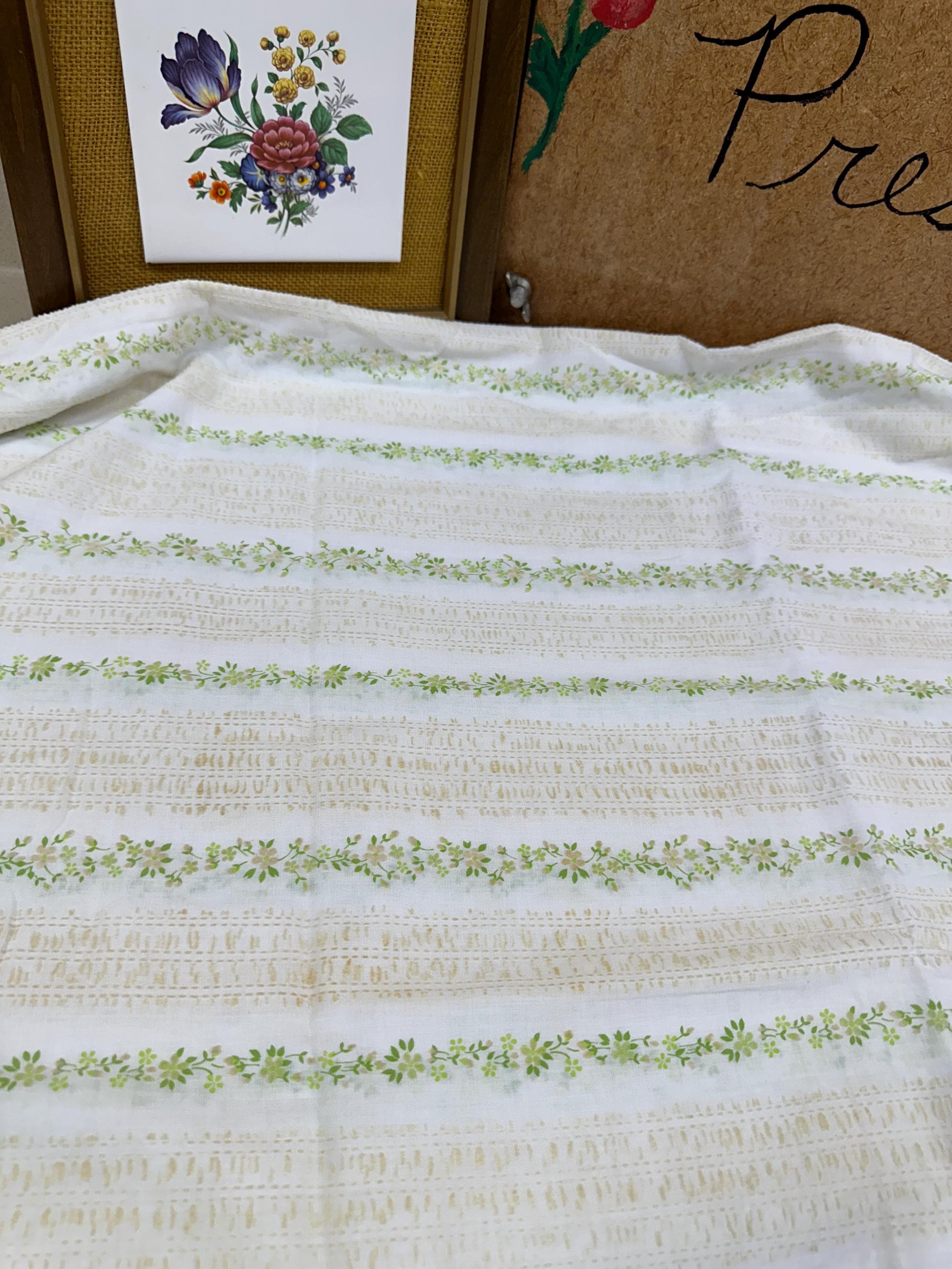 Vintage Floral Fabric: White & Green Textured Textile (86x44 inches