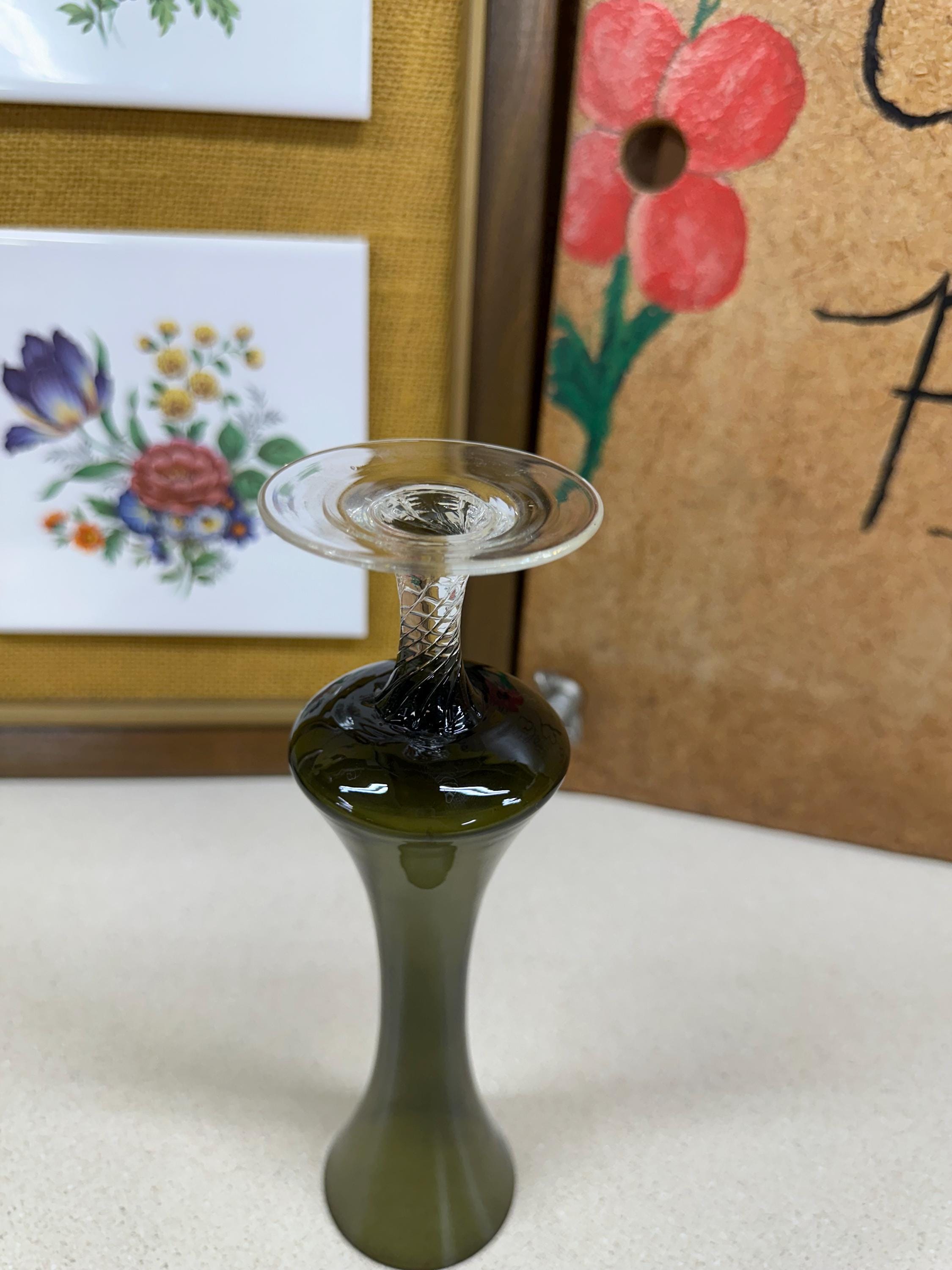 Dark Green Glass Vintage Vase: Olive Green Clear Base, Wedding Decor