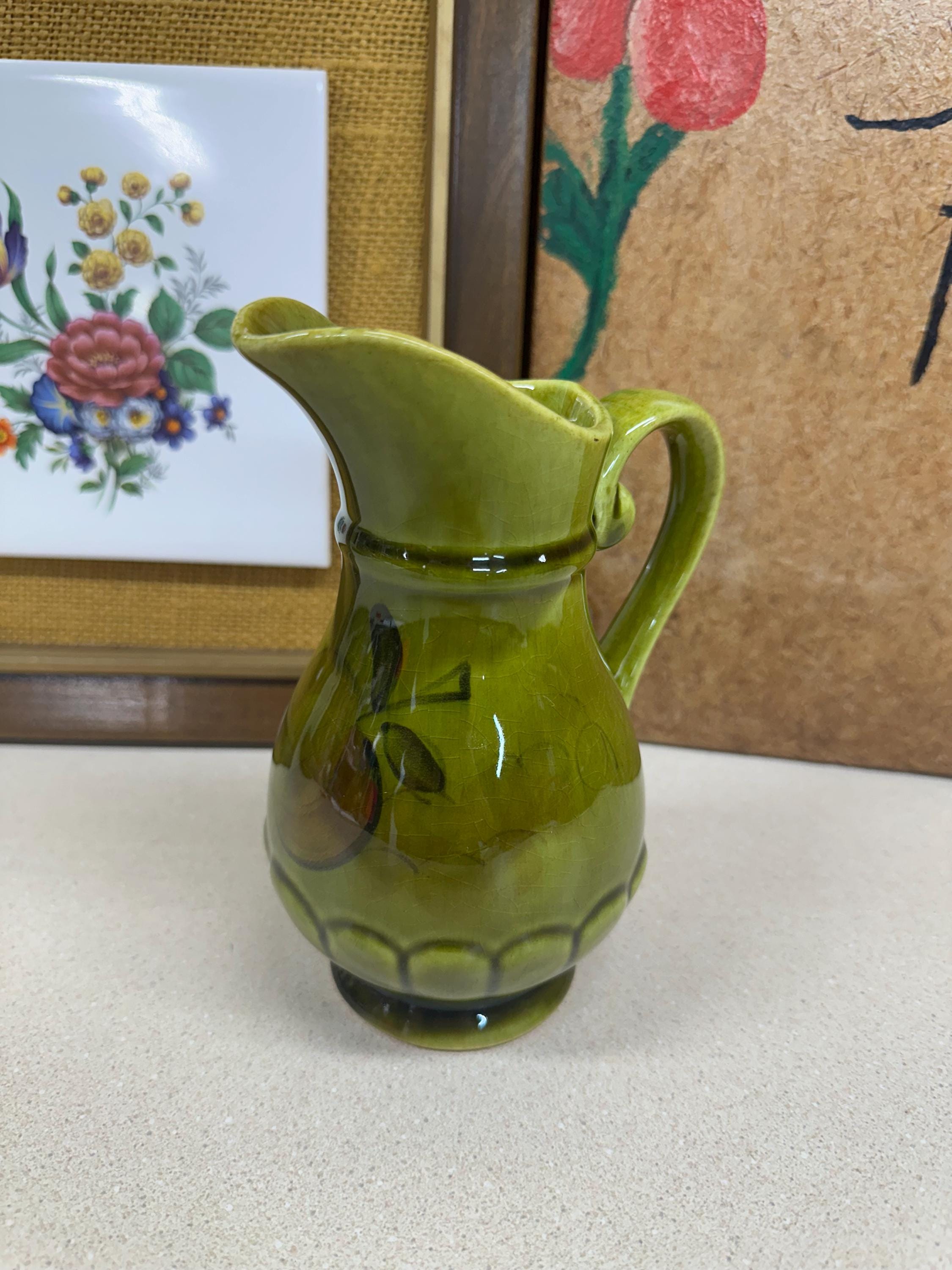 Vintage LA Potteries Creamer: Avocado Green Small Pitcher, Fruit Decor
