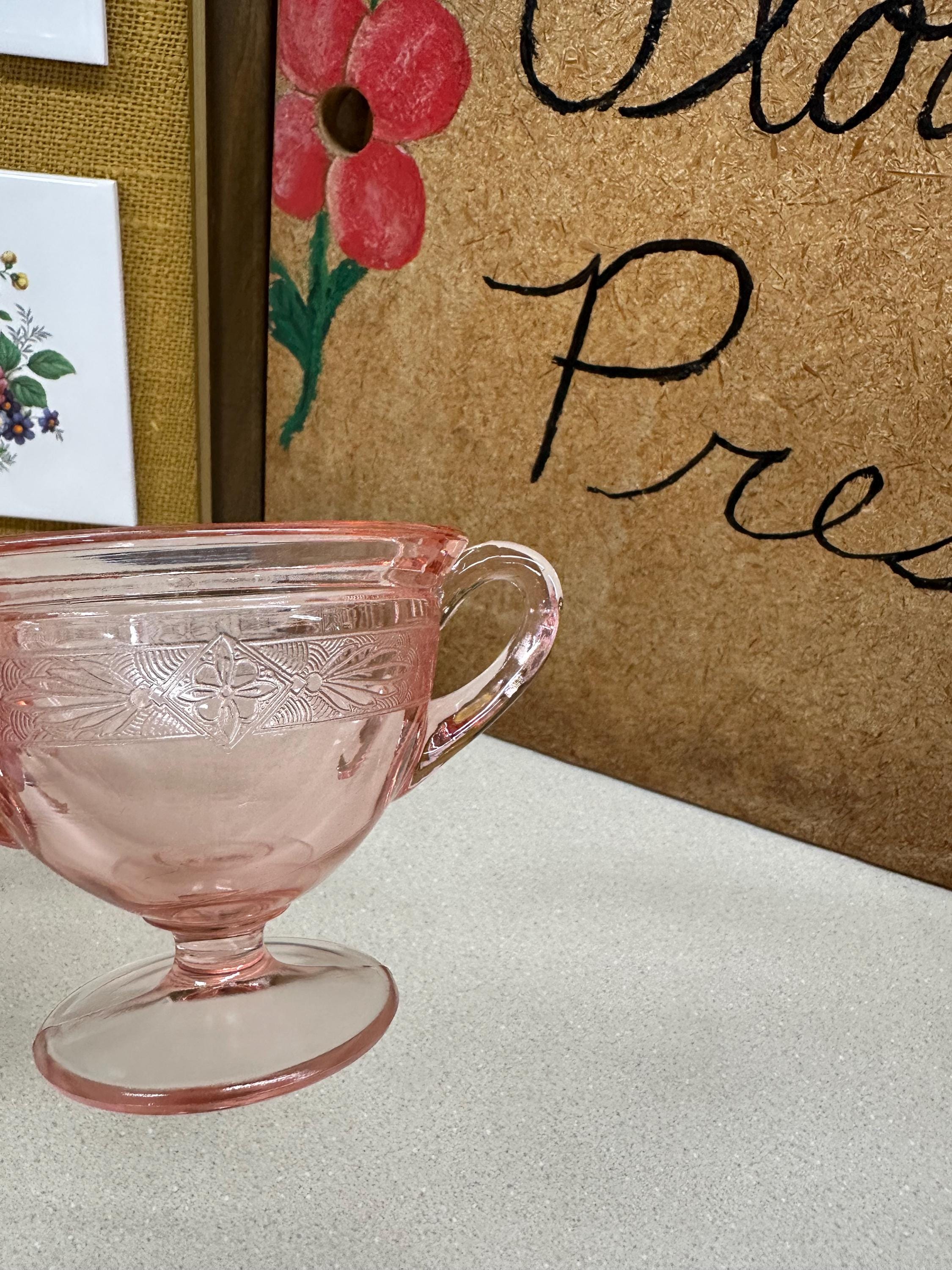 Vintage Creamer & Sugar Bowl Pink Rose Glass Cream and Sugar Set of 2