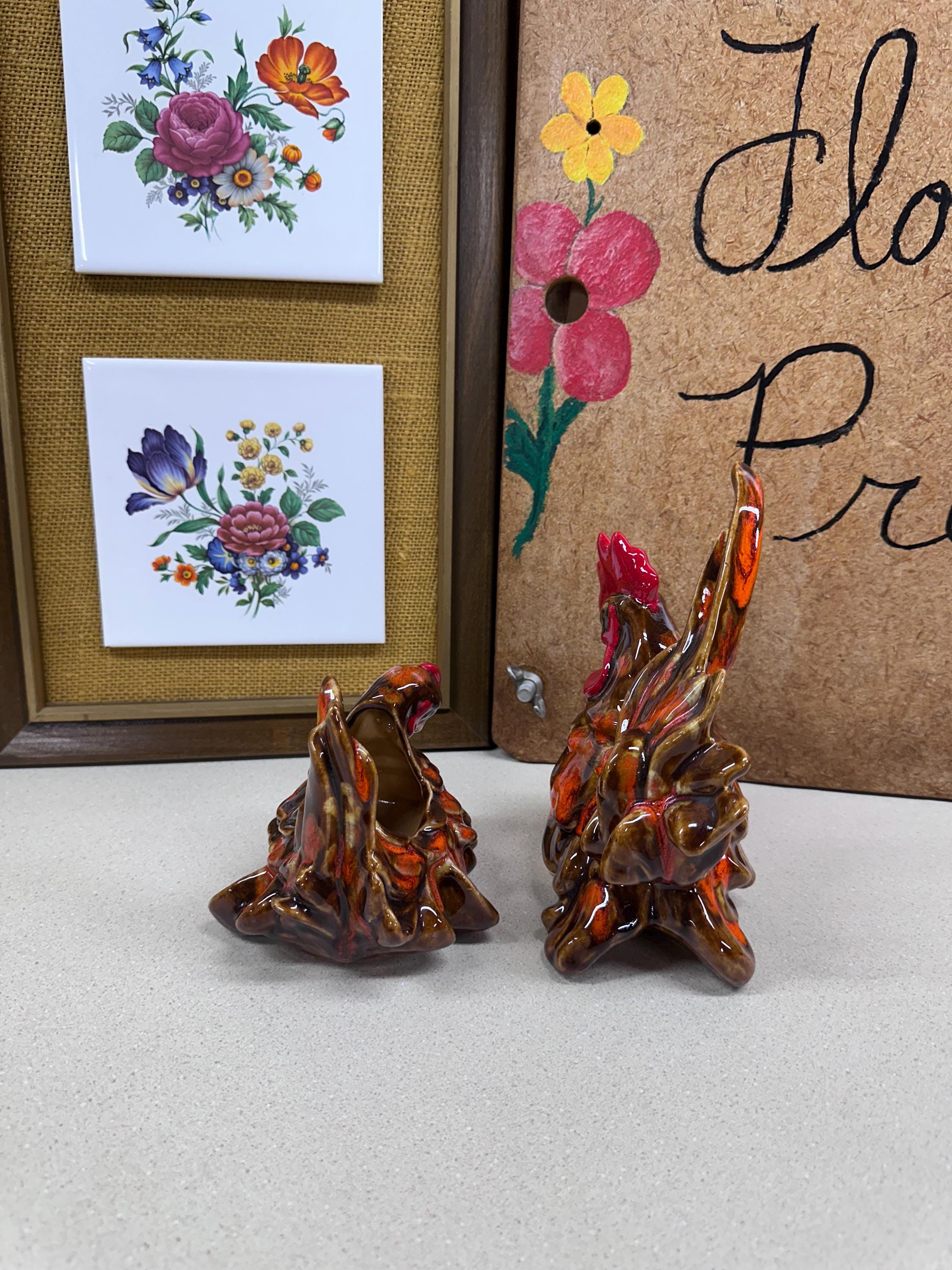 Vintage Rooster & Hen Ceramic Planter Set: Retro Farmhouse Decor- Set of 2