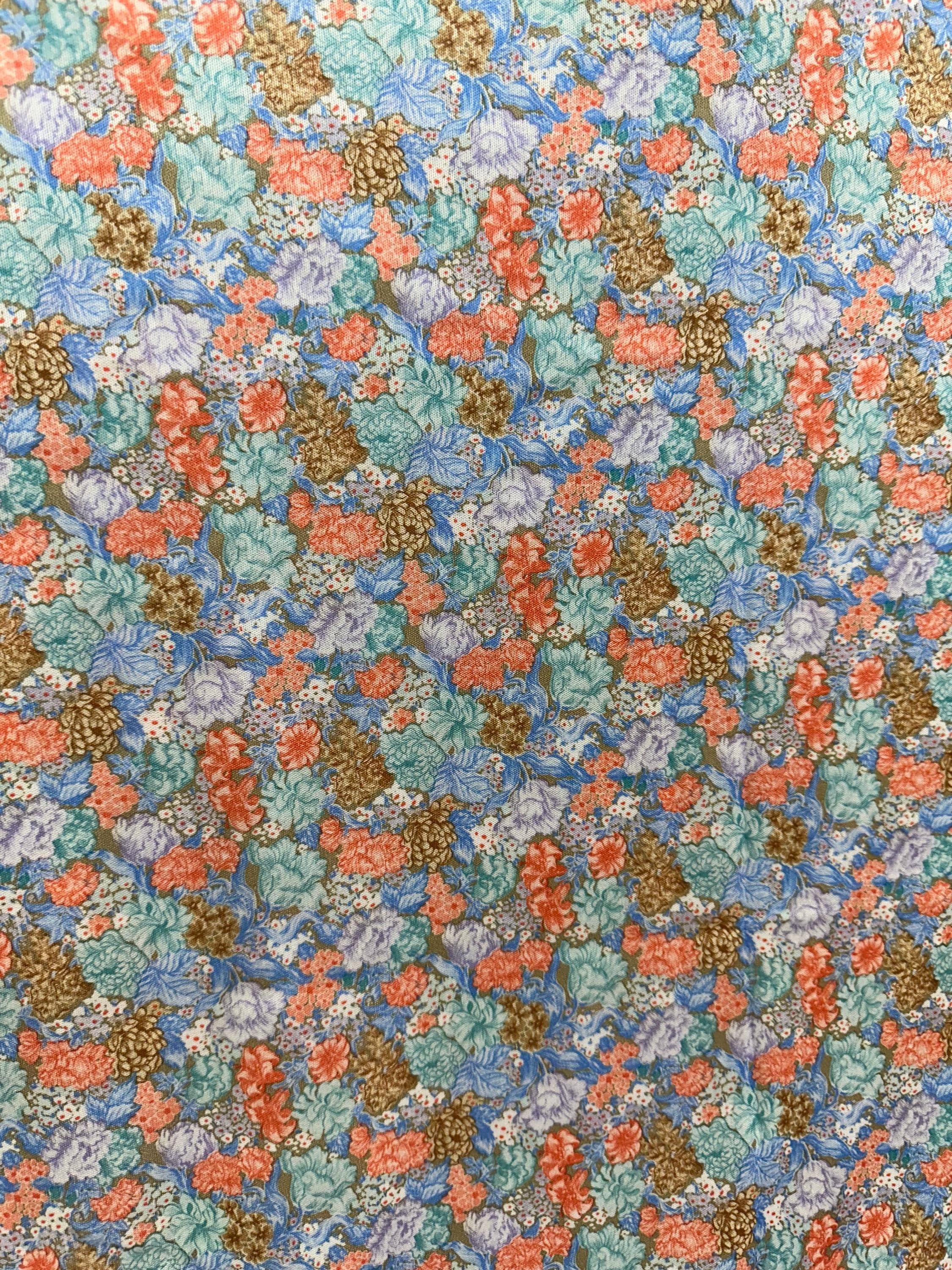 Vintage Fabric Material Textiles Floral Stretchy Peach Blue Brown 58 x 40 Inches
