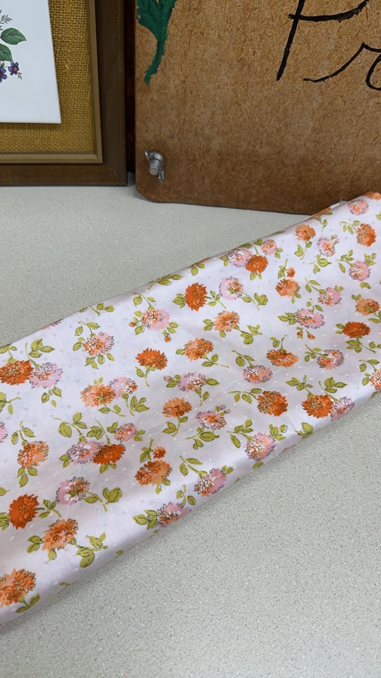 Vintage Floral Fabric: Pink, Orange & Green Textiles - 34 x 106 Inches