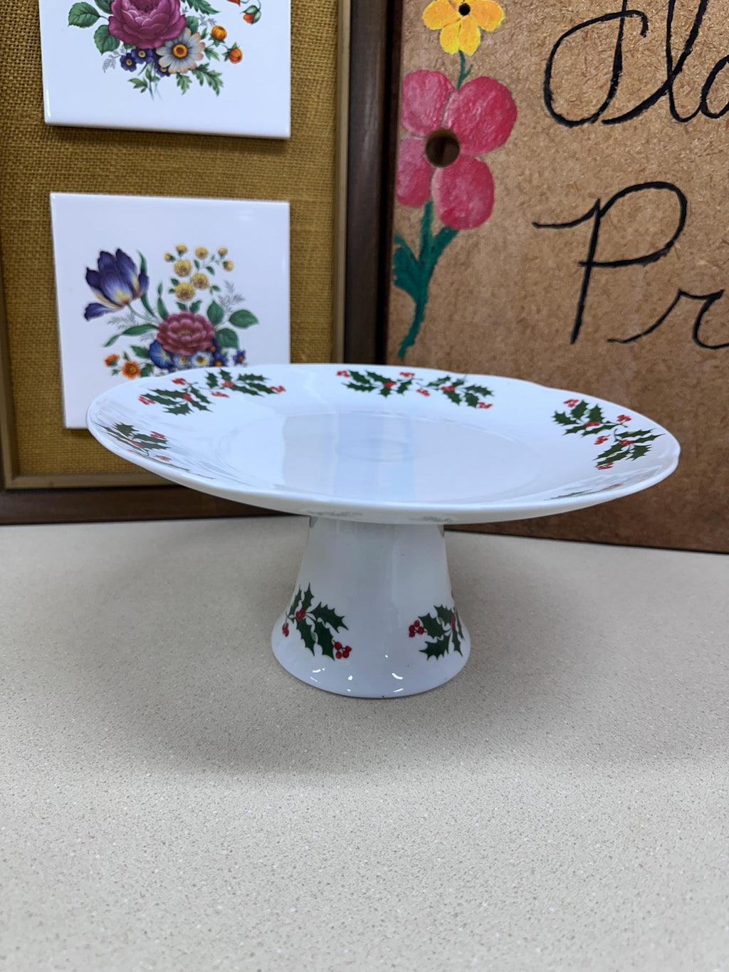 Vintage Christmas Cake Plate: Holiday Holly Berry Pedestal Serving Dish