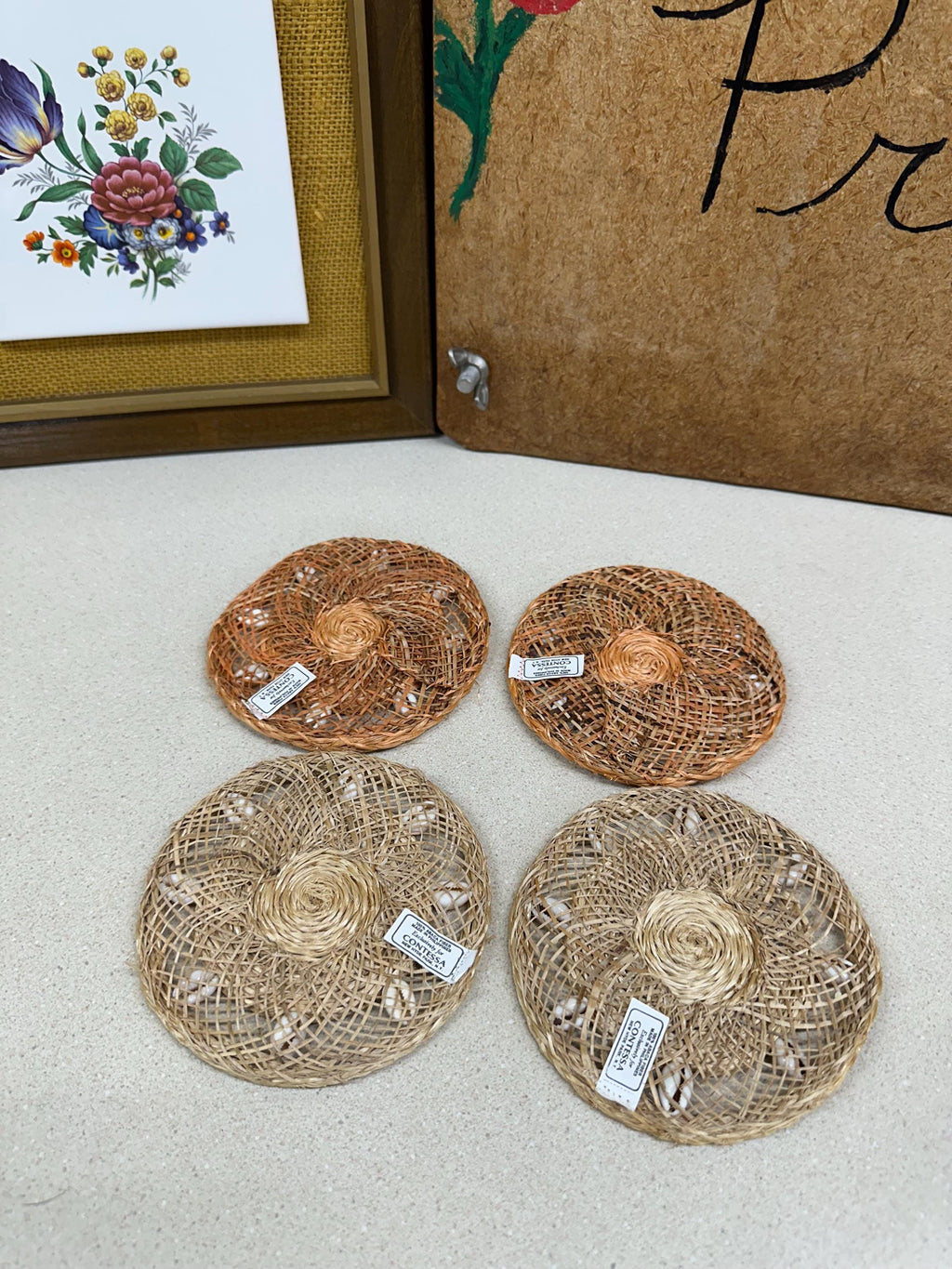 Vintage Abaca Coasters, Shell Accents - Set of 4