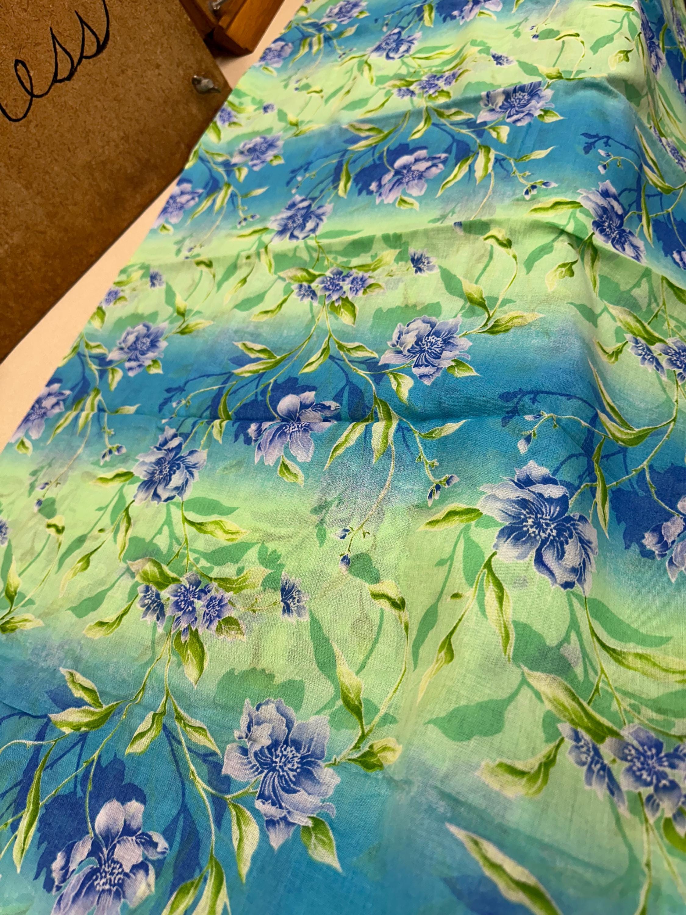 Vintage Floral Fabric: Semi Sheer Green & Blue Textiles