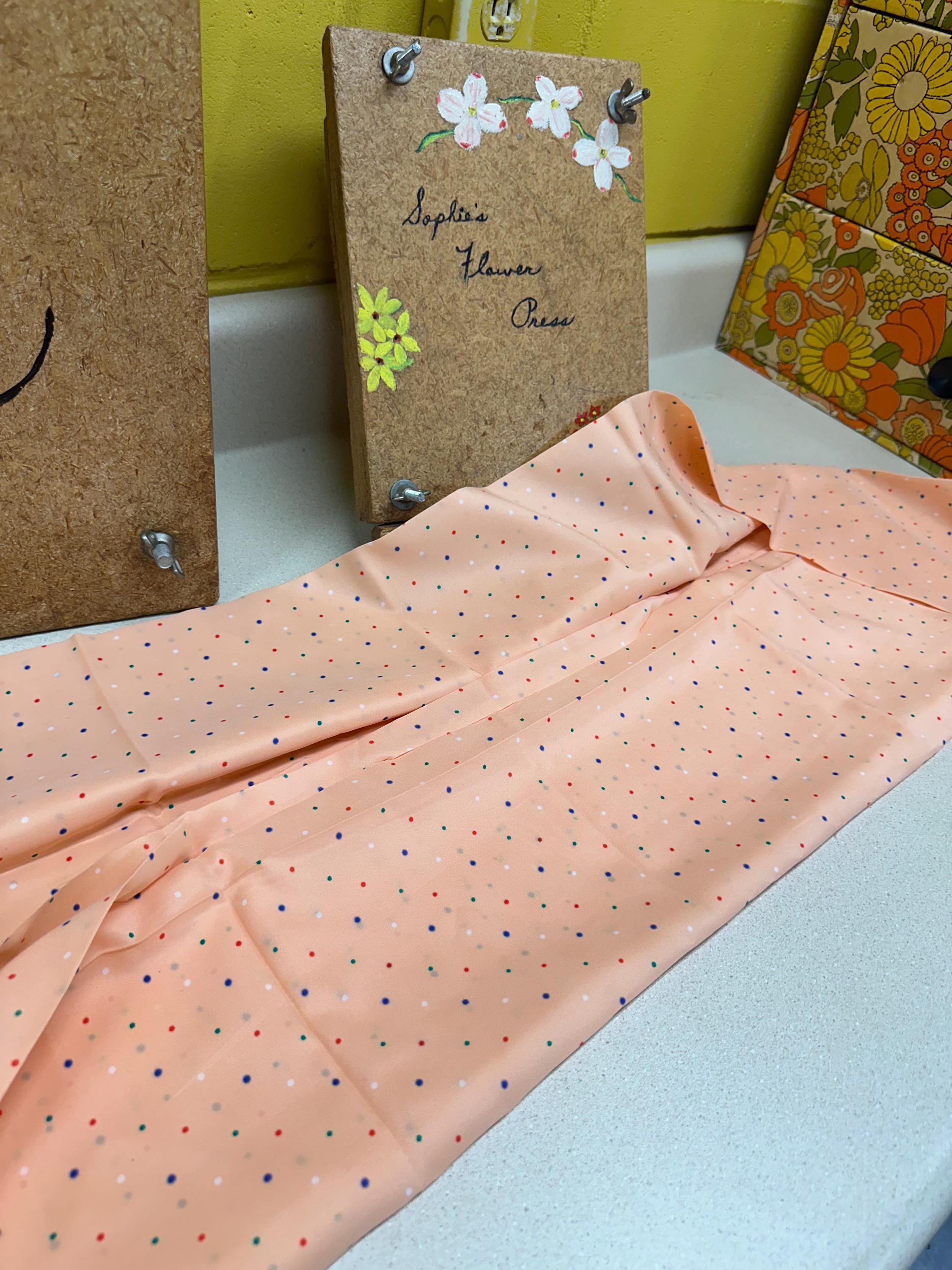 Vintage Fabric Material Vintage Textiles Peach Colorful Dots Satiny Smooth