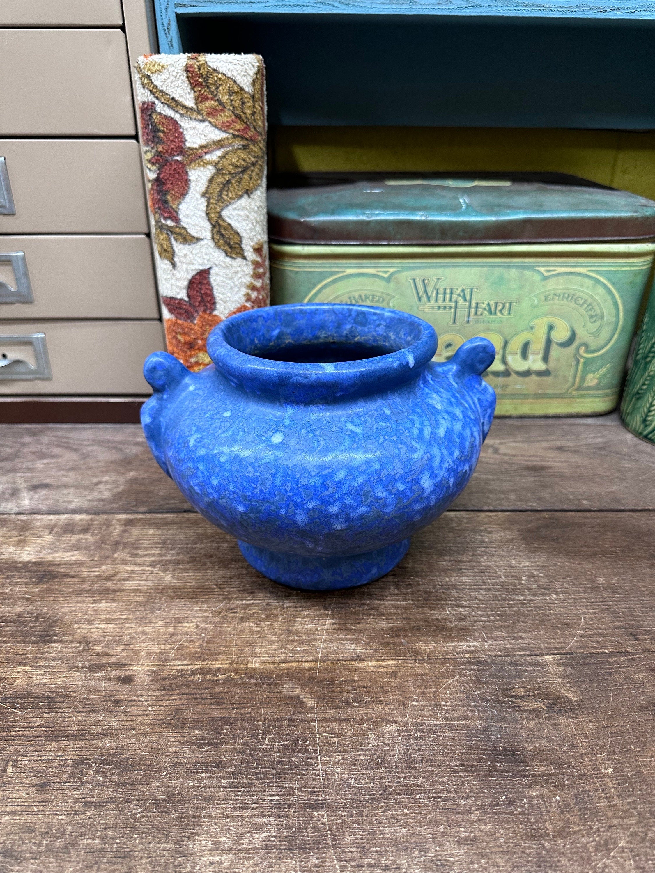 Vintage Planter Pot Blue Heavy Crock Brush McCoy Periwinkle Blue USA