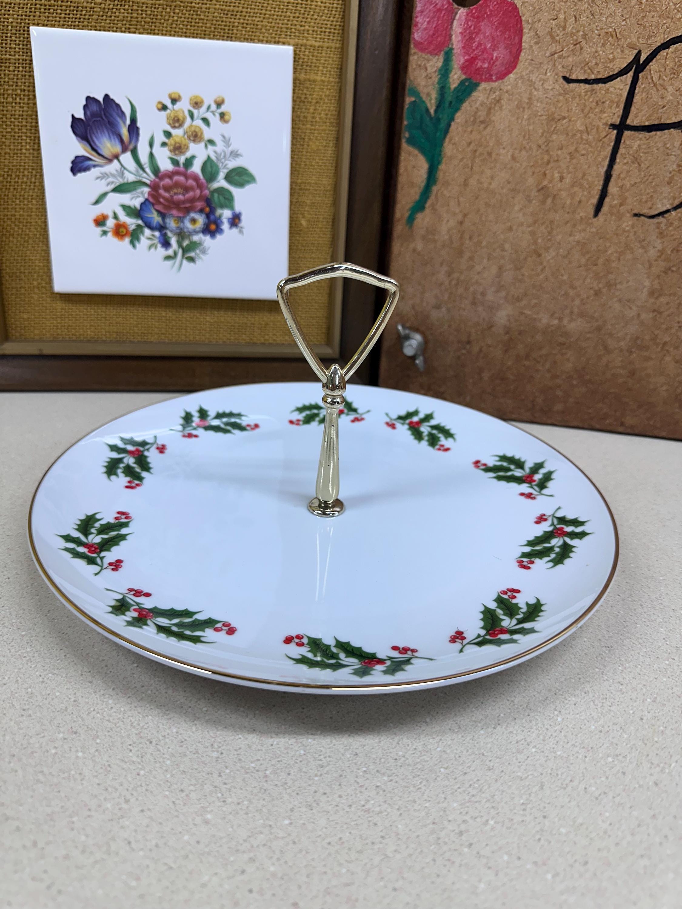 Vintage Christmas 1 Tier Serving Tray Platter Holly Berries Gold Japan