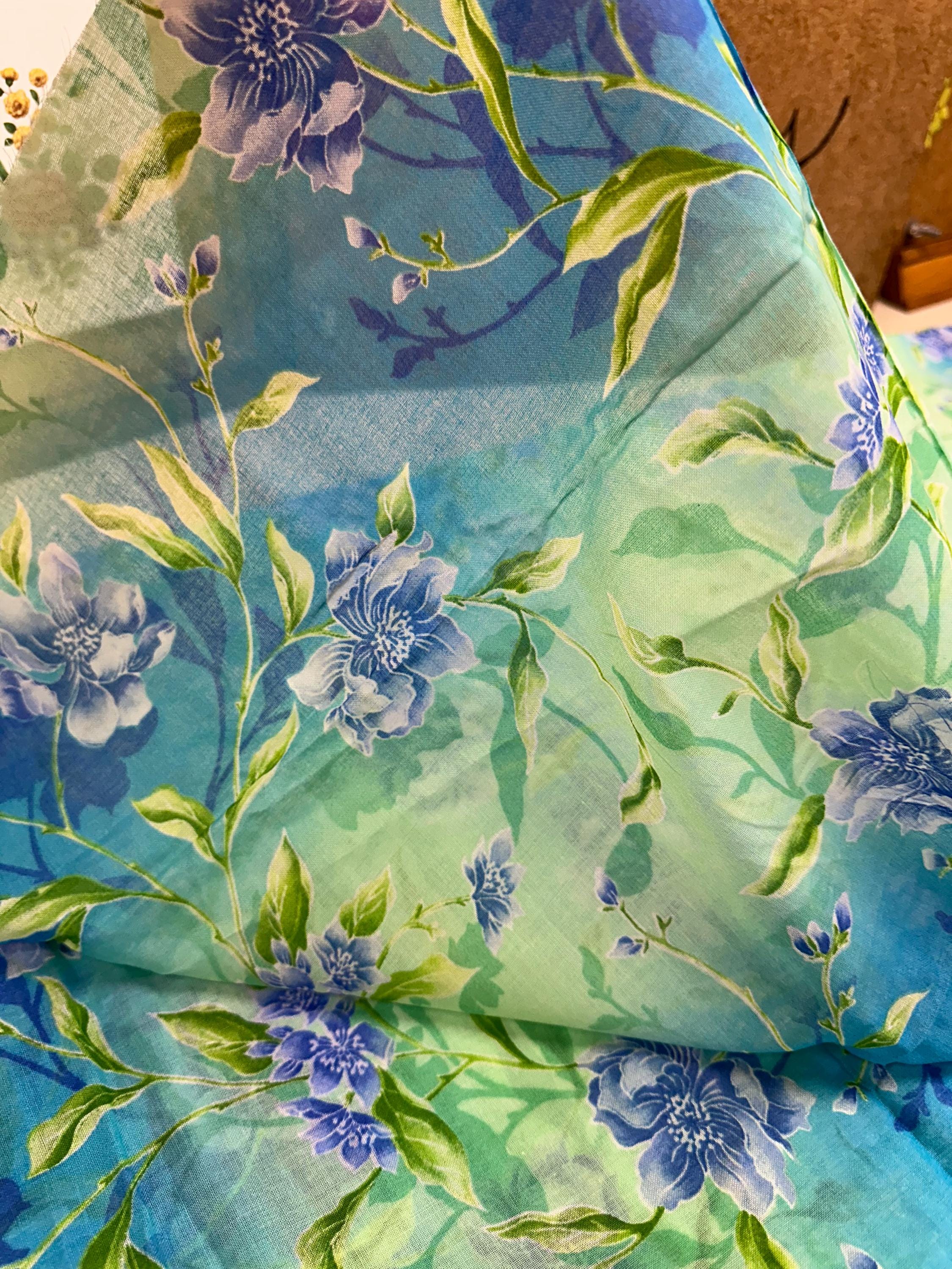 Vintage Floral Fabric: Semi Sheer Green & Blue Textiles