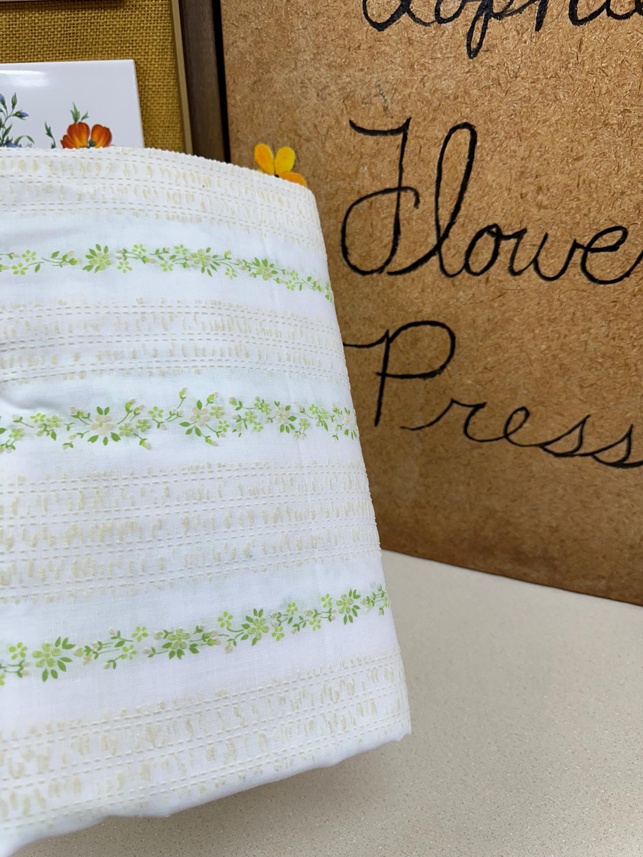 Vintage Floral Fabric: White & Green Textured Textile (86x44 inches