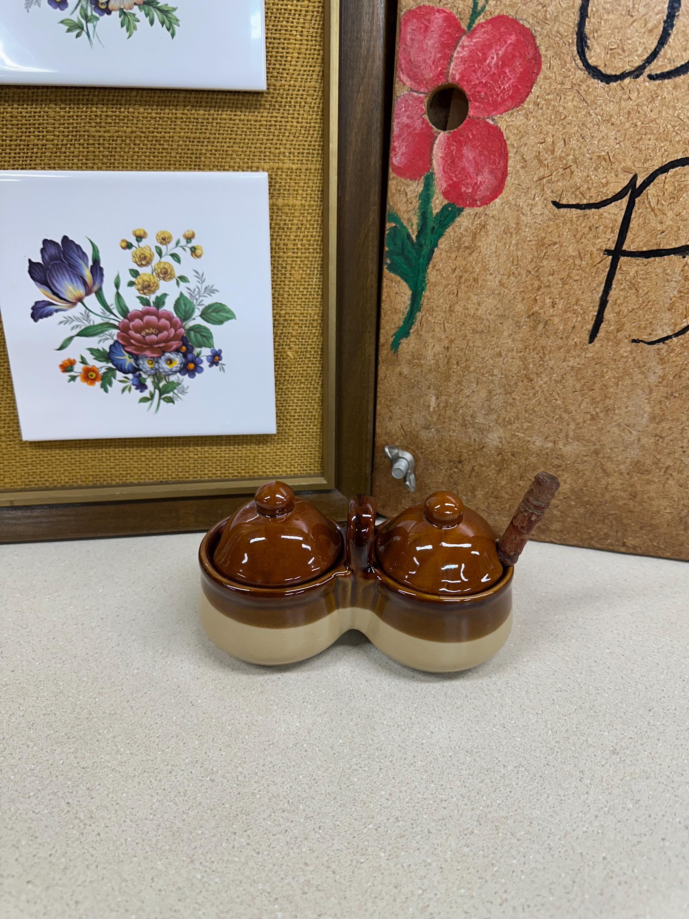 Vintage Sugar Bowls: Serving Dish Wood Spoon, Trinket Holder