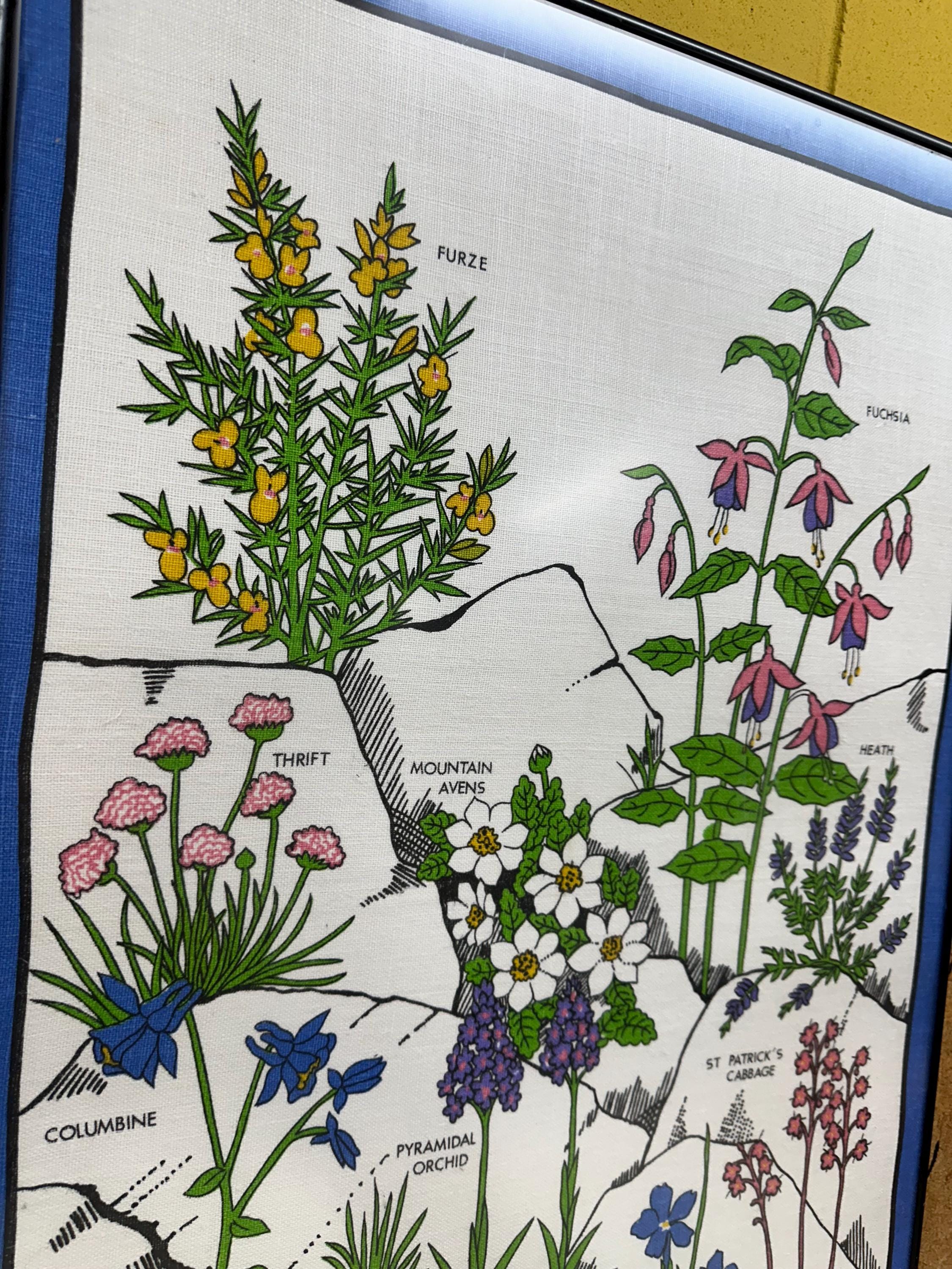 Framed Vintage Irish Wildflower Tea Towel Wall Decor