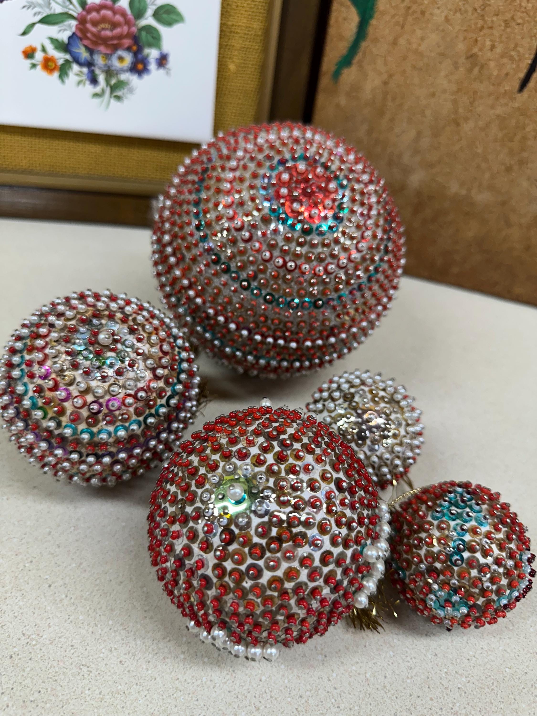 Vintage Christmas Ornaments: Push Pin, Beads & Sequins - Set of 5