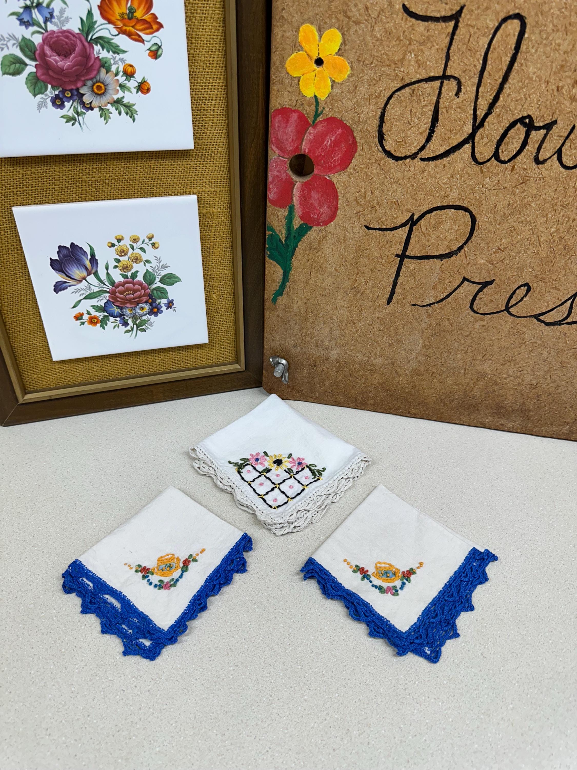 Embroidered Vintage Hankies Set of 3: Linen Table Decor